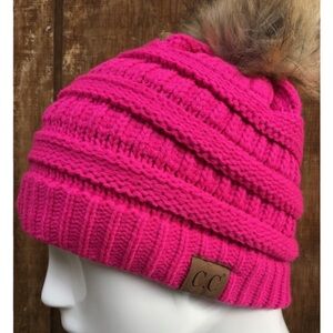 C.C Pink Knit Beanie with Faux Fur Pom